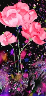 Vibrant concert scene with pink flowers and colorful confetti.