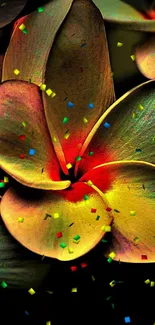 Vibrant floral wallpaper with colorful confetti on dark background.