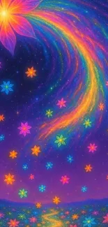 Vibrant floral cosmic wallpaper with neon colors.