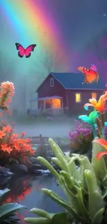 Vibrant fantasy wallpaper with flowers, butterflies, and a rainbow over a house.