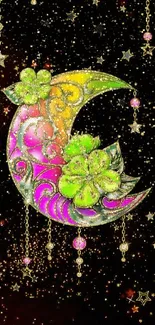 Vibrant crescent moon wallpaper with floral and starry details.