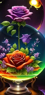 Vibrant crystal sphere with colorful roses in artistic design.