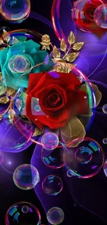 Vibrant floral wallpaper with roses and bubbles against a dark background.