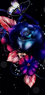 Vibrant blue rose with butterfly on dark background.