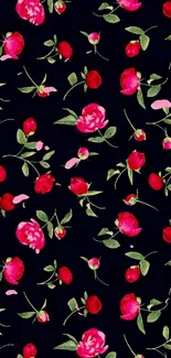 Dark phone wallpaper with red roses on black background.