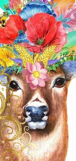 Deer with vibrant floral crown and golden swirl design.