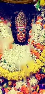 Mobile wallpaper of a deity with vibrant flowers and garlands.