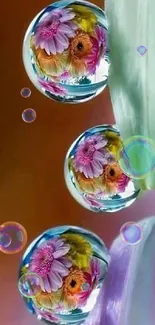 Colorful flowers reflected in dewdrops on leafy background.