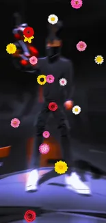 Digitally blurred figure with bright flowers on dark background.