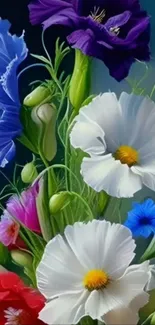 Digital artwork of vibrant, colorful flowers in full bloom.