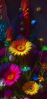 Colorful digital floral art with fantastical flowers.