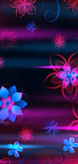 Mobile wallpaper with vibrant red and blue floral design on a dark background.