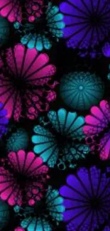 Vibrant neon floral wallpaper with black background.