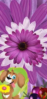 Vibrant purple flower with cartoon dog and ornaments on mobile wallpaper.