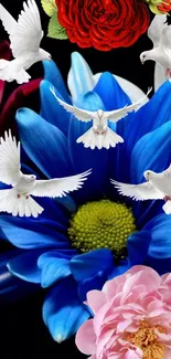 White doves flying over vibrant blue and red flowers on a black background.