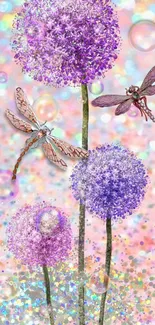 Purple alliums with dragonflies on bokeh background wallpaper.