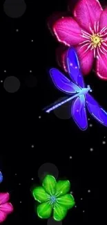 Vibrant floral wallpaper with a dragonfly and colorful flowers on black background.