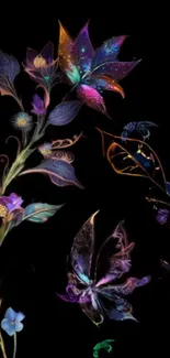 Vibrant fantasy flowers on dark background.