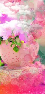 Vibrant floral wallpaper with pink tones and dreamy clouds.