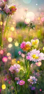 Vibrant wildflowers and bokeh lights in nature wallpaper.