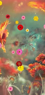 Abstract floral dreamscape with colorful floating flowers and vibrant background.