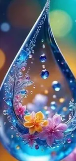 Vibrant floral droplet with abstract design.