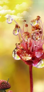 Vibrant flower with dewdrops on a bright yellow backdrop.