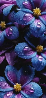 Purple and blue flowers with dewdrops mobile wallpaper.