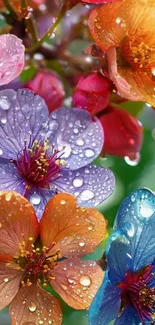 Vibrant flowers with dew drops on petals.