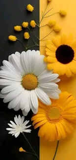 Colorful daisies with a yellow and black background design.