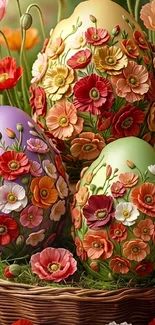 Three vibrantly decorated Easter eggs with flowers.