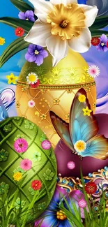 Colorful Easter eggs with flowers and butterfly design.