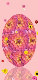 Floral egg design on pink background with scattered blossoms.