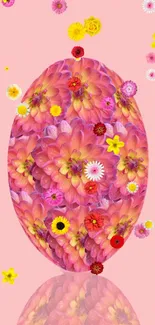 Vibrant floral egg on pink background with various flowers.