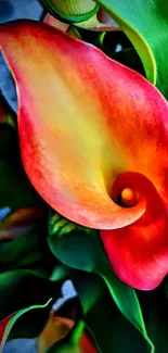 Close-up of vibrant calla lilies and lush green leaves in colorful wallpaper.