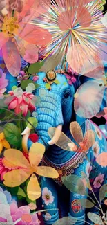 Blue elephant with vibrant floral design mobile wallpaper.