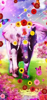 Vibrant pink floral wallpaper with an elephant and butterflies.