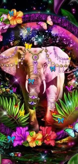 Vibrant elephant with floral jungle background.