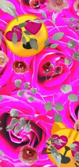 Vibrant pink floral wallpaper with emojis and green leaves.