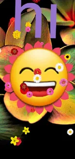 Vibrant floral wallpaper with smiling emoji and colorful design.