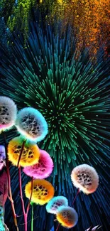 Colorful neon dandelions against dark background.