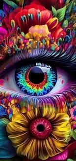 Colorful eye art with vibrant flowers and details.