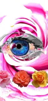 Artistic wallpaper with a blue eye surrounded by pink roses.