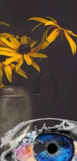 Yellow flowers with a blue eye and artistic design in dark backdrop.