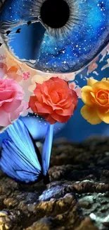 Vibrant wallpaper with blue eye, roses, and butterfly.