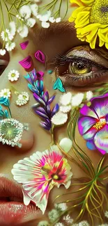 Floral face art with vibrant flowers.