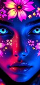 A colorful face with vibrant flowers and neon hues creating a stunning visual art piece.