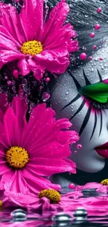 Vibrant face art with pink flowers and water droplets.