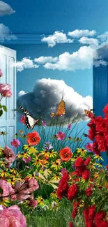 Floral mobile wallpaper with butterflies and blue sky.