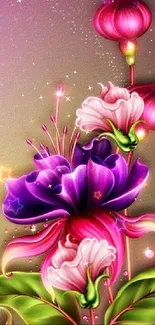 Vibrant pink and purple fantasy floral wallpaper with sparkles.